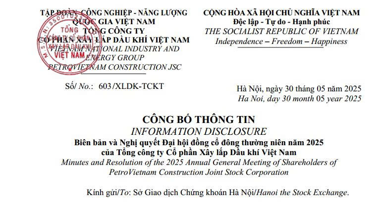 PVX công bố thông tin về Biên bản và Nghị quyết Đại hội đồng cổ đông thường niên 2025